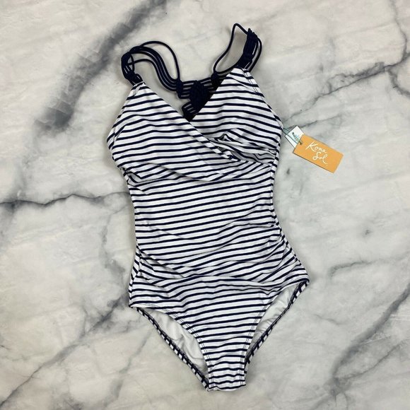 Kona Sol One Piece Swimsuit SMALL & XL Womens Navy Stripe Shirred Macrame Strap - Picture 4 of 10